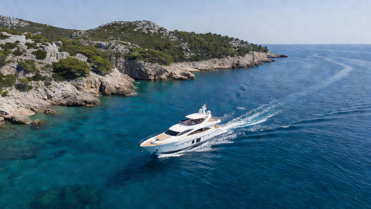 Aerial perspective of luxury yacht navigating pristine blue water off Croatian island coast