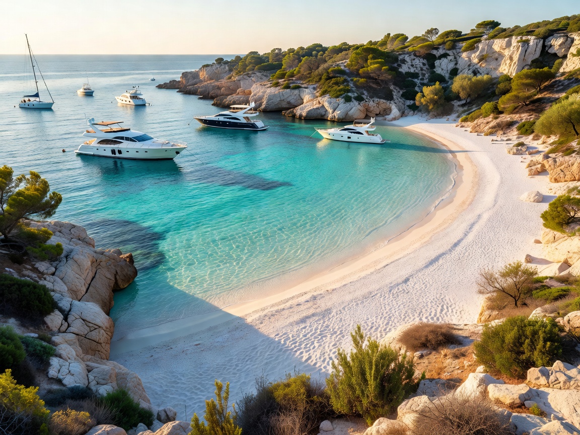 Clear crystal water in Balearic islands bay with anchored yachts