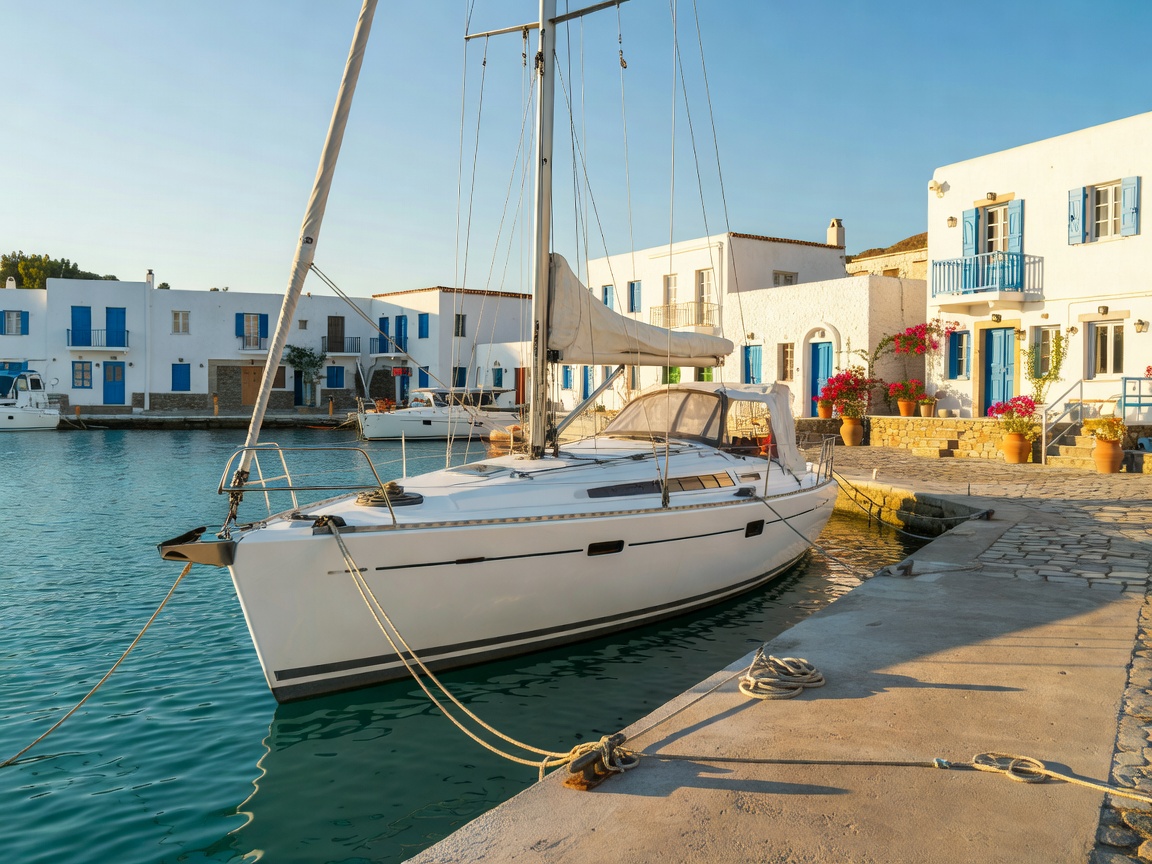 Bavaria Cruiser 46 moored near Greek island harbor