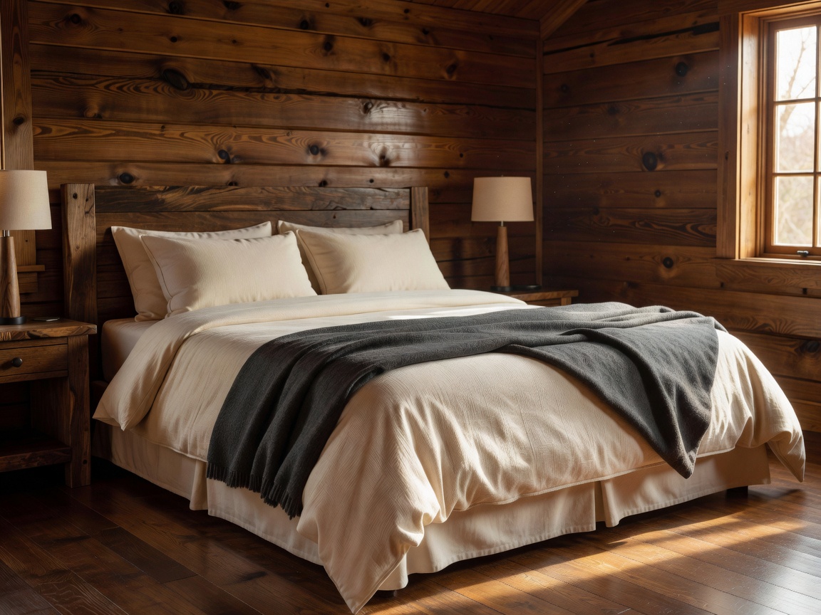 Interior cabin view showing master bed and wood finish styling