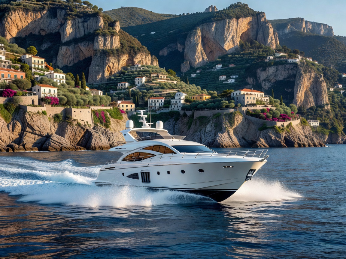 Sunseeker 52 luxury power yacht cruising near Amalfi Coast Italy