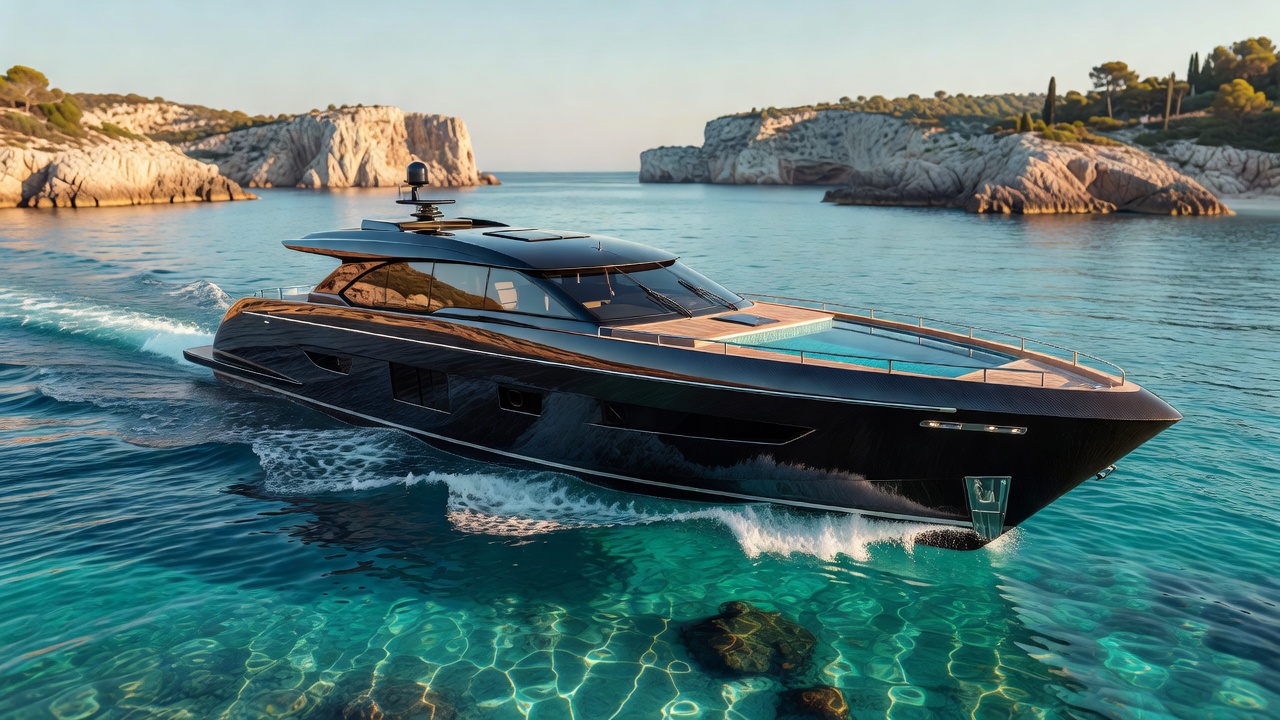 Sleek modern luxury yacht sailing along the European coastline in clear turquoise water