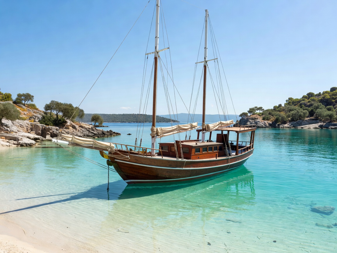 Classic wooden gulet yacht anchored in Turkish Riviera bay
