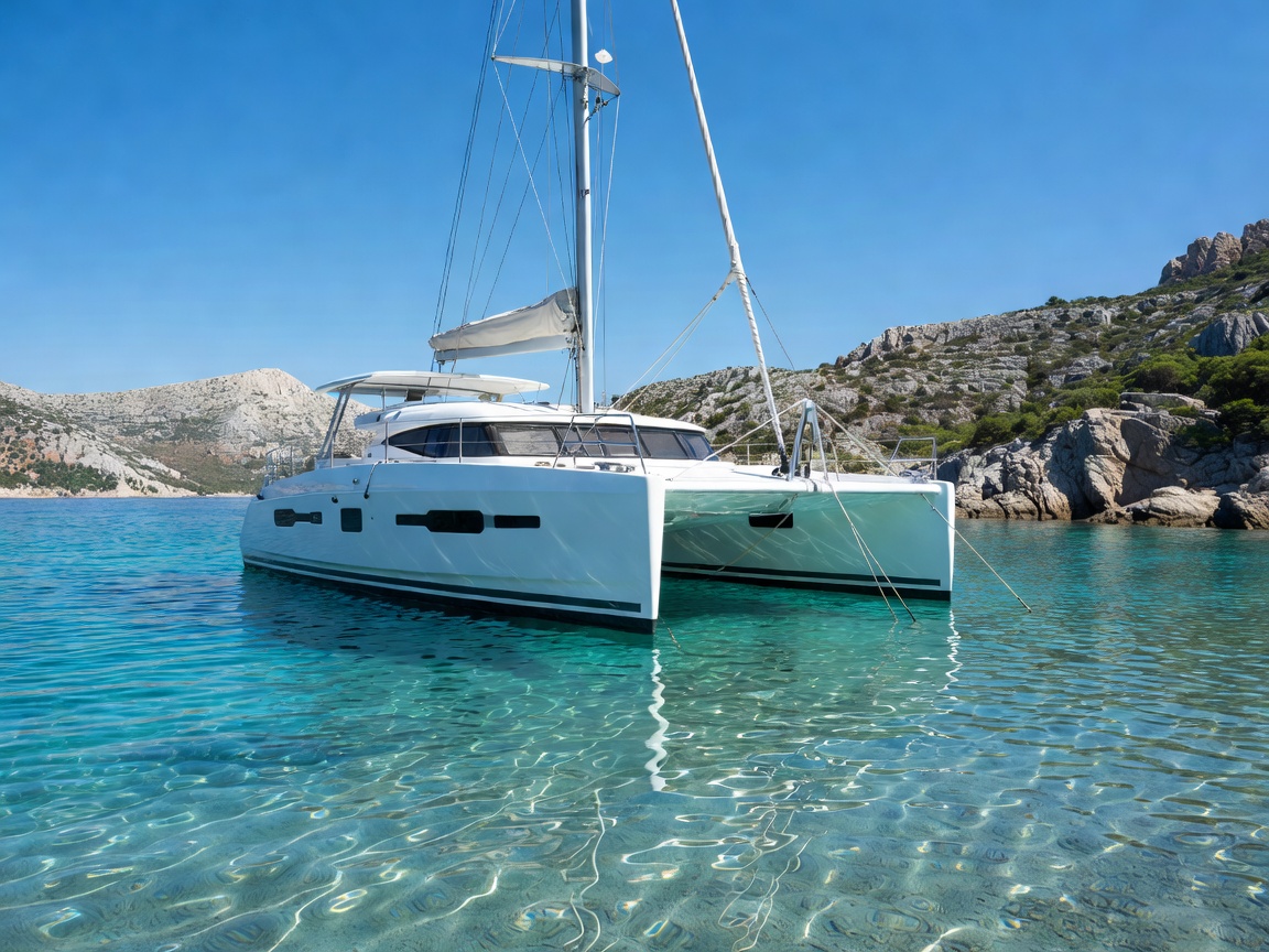Lagoon 40 Catamaran anchored in turquoise bay off Dalmatian Coast Croatia