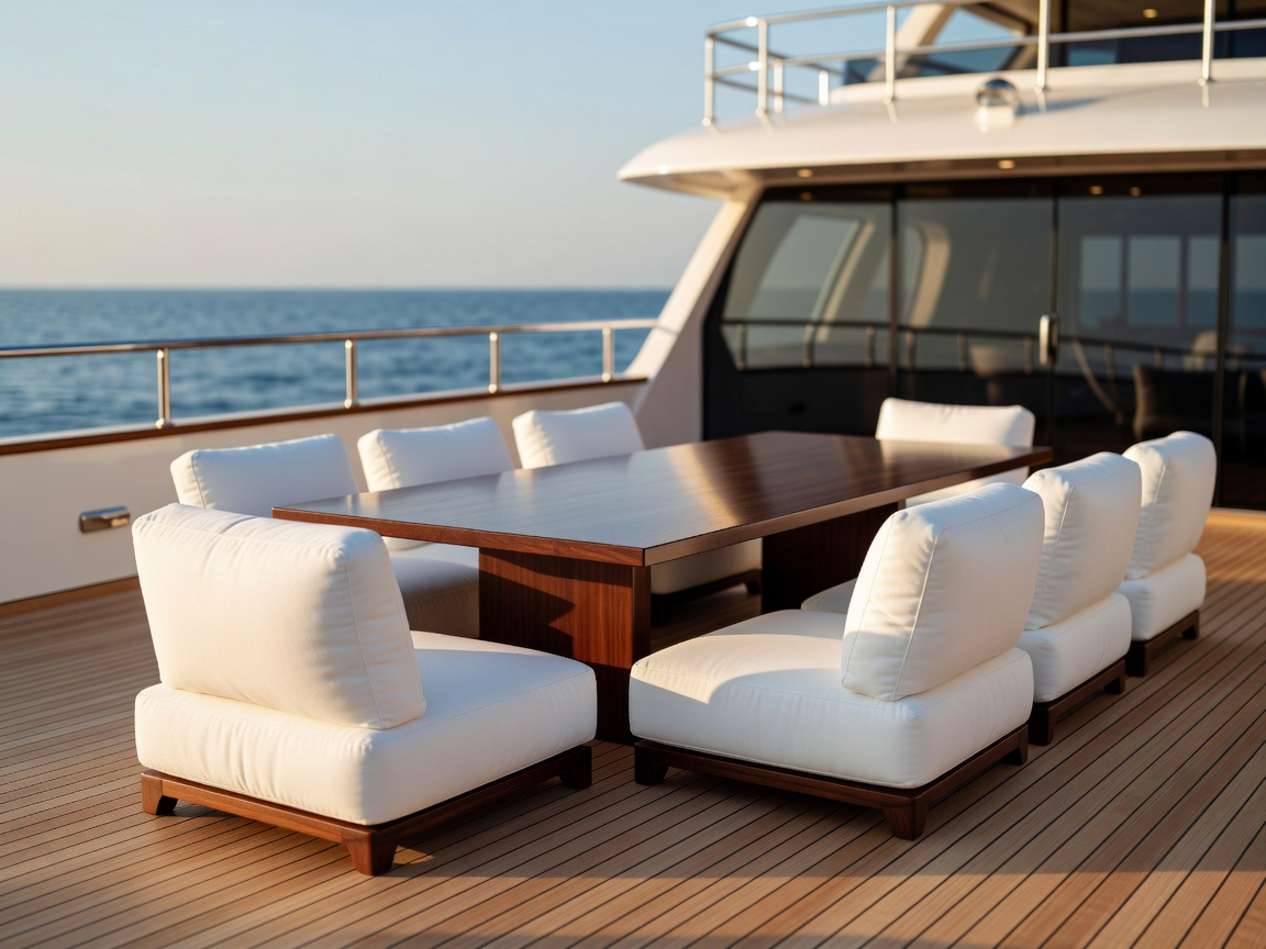 Yacht deck dining area with white seat cushions